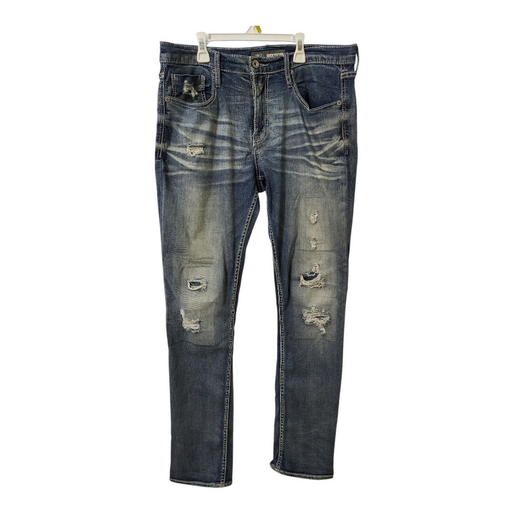 BKE Jake Mens Distressed Embroidered Pockets Blue Jeans Size 34x34